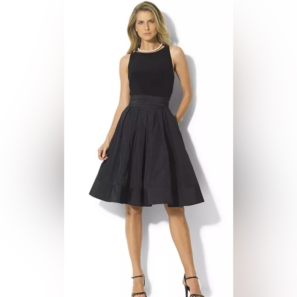 Lauren Ralph Lauren Yuko Taffeta Pleated Cocktail Dress 8 Black Party Sleeveless